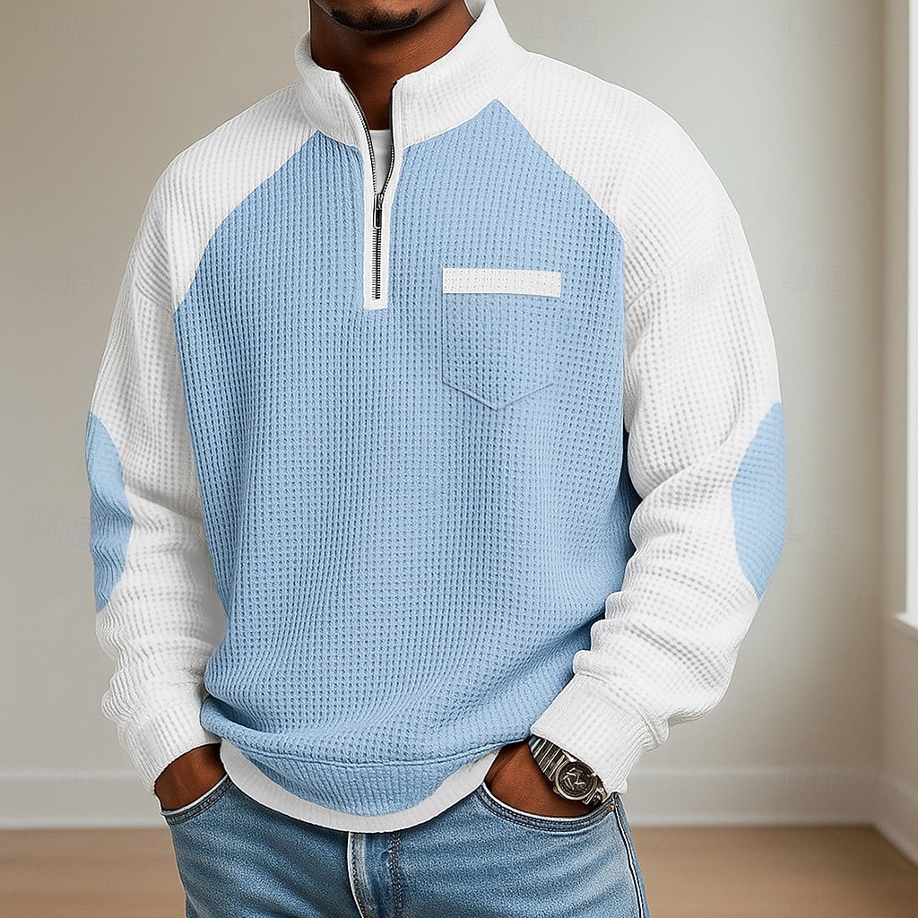Men's Waffle Polo Shirts Polo Casual Formal Banded Collar Long Sleeve Fashion Solid Color Textured Color Block Buttons Fall Spring &  Fall Fall & Winter Regular Fit Light Green Navy Blue Light Grey 2026 - BHD 7.6 &ndash;P1