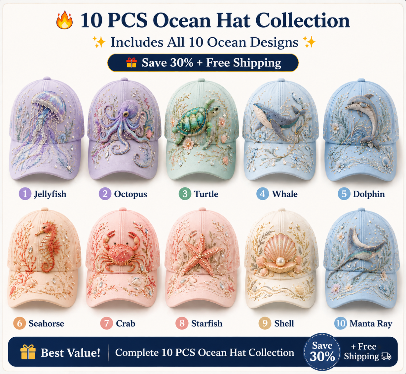 🌊 3D Marine Life Embroidered Hat 49% Off | Adjustable hat with pearl and crystal embellishments, perfect for the beach, travel, and everyday wear.