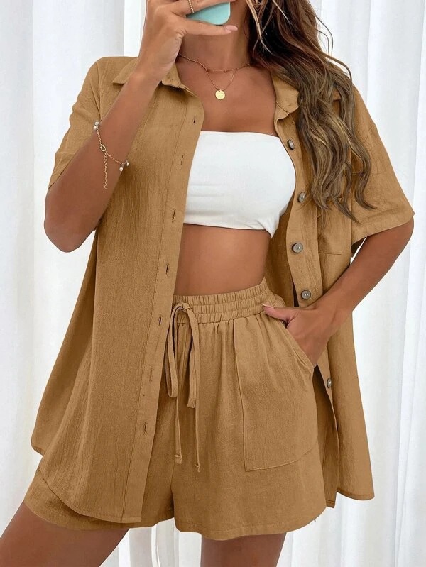 Women's 2 Piece Linen Matching Set, Short Sleeve Button Down Shirt & Drawstring High Waist Shorts Casual Summer Outfit