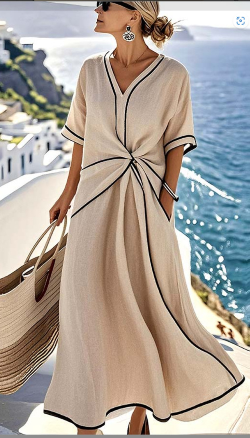 Women V Neck Short Sleeve Twist Waist Linen Maxi Dress, Contrast Black Pockets Long Flowy Vacation Dress, Elegant Beach Resort Midi Dress with Side Pockets