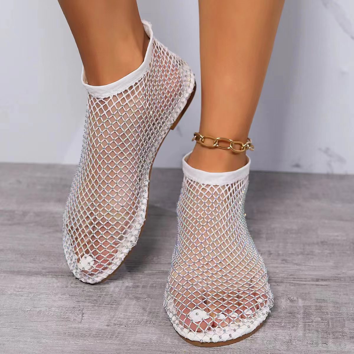 Women Rhinestone Mesh Ankle Boots Flat Breathable Hollow Out Sandals