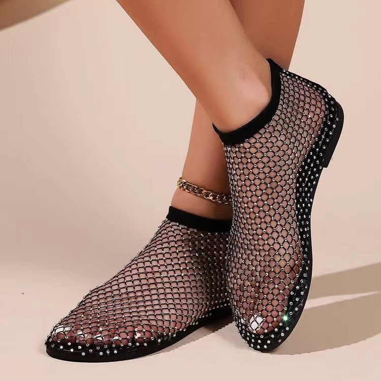Women Rhinestone Mesh Ankle Boots Flat Breathable Hollow Out Sandals
