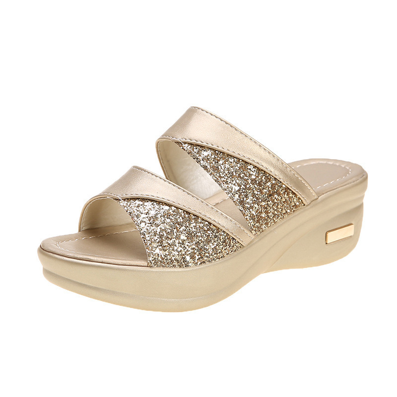 Women's Sequined Peep-Toe Platform Wedge Slides