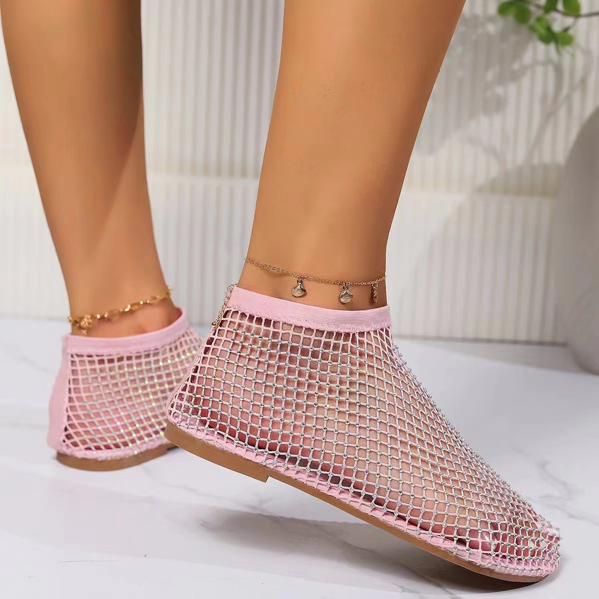 Women Rhinestone Mesh Ankle Boots Flat Breathable Hollow Out Sandals