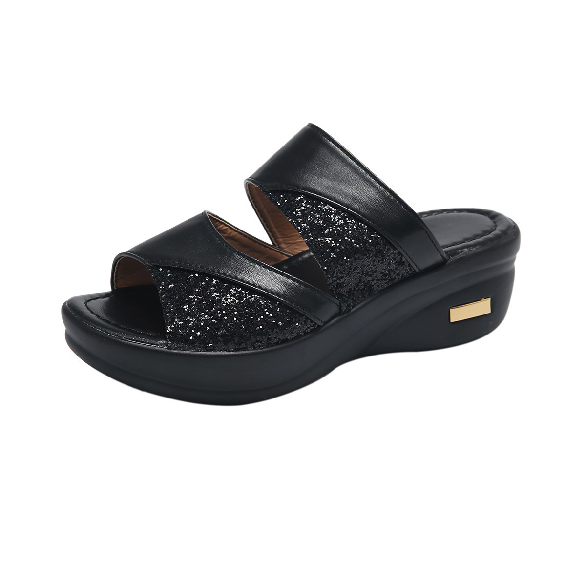 Women's Sequined Peep-Toe Platform Wedge Slides
