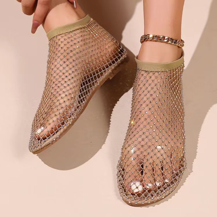 Women Rhinestone Mesh Ankle Boots Flat Breathable Hollow Out Sandals