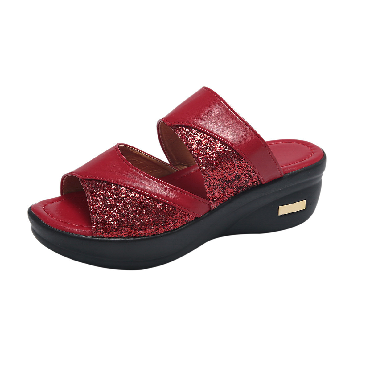 Women's Sequined Peep-Toe Platform Wedge Slides