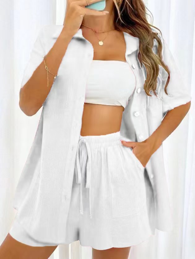 Women's 2 Piece Linen Matching Set, Short Sleeve Button Down Shirt & Drawstring High Waist Shorts Casual Summer Outfit