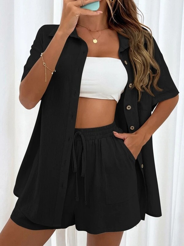 Women's 2 Piece Linen Matching Set, Short Sleeve Button Down Shirt & Drawstring High Waist Shorts Casual Summer Outfit