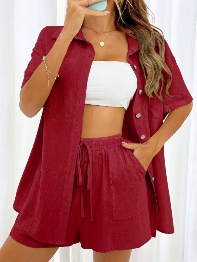 Women's 2 Piece Linen Matching Set, Short Sleeve Button Down Shirt & Drawstring High Waist Shorts Casual Summer Outfit