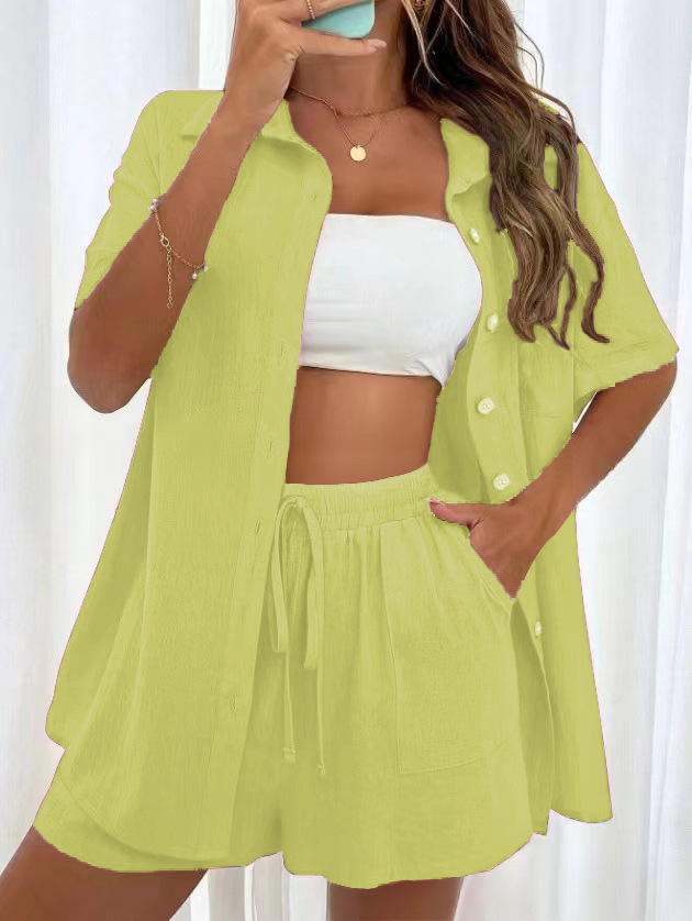 Women's 2 Piece Linen Matching Set, Short Sleeve Button Down Shirt & Drawstring High Waist Shorts Casual Summer Outfit