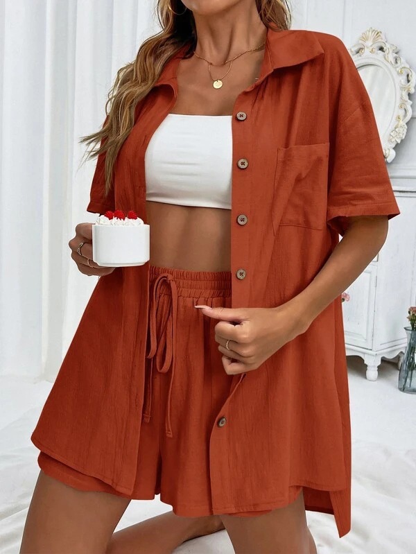 Women's 2 Piece Linen Matching Set, Short Sleeve Button Down Shirt & Drawstring High Waist Shorts Casual Summer Outfit
