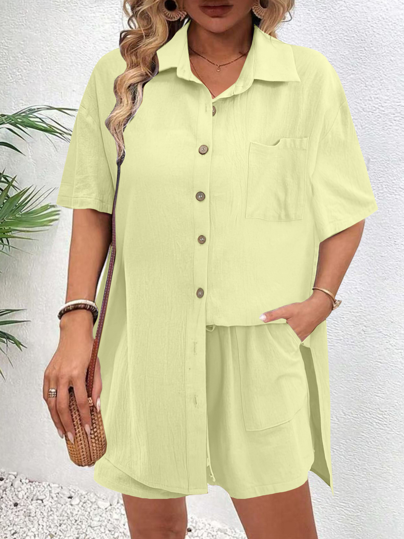 Women's 2 Piece Linen Matching Set, Short Sleeve Button Down Shirt & Drawstring High Waist Shorts Casual Summer Outfit