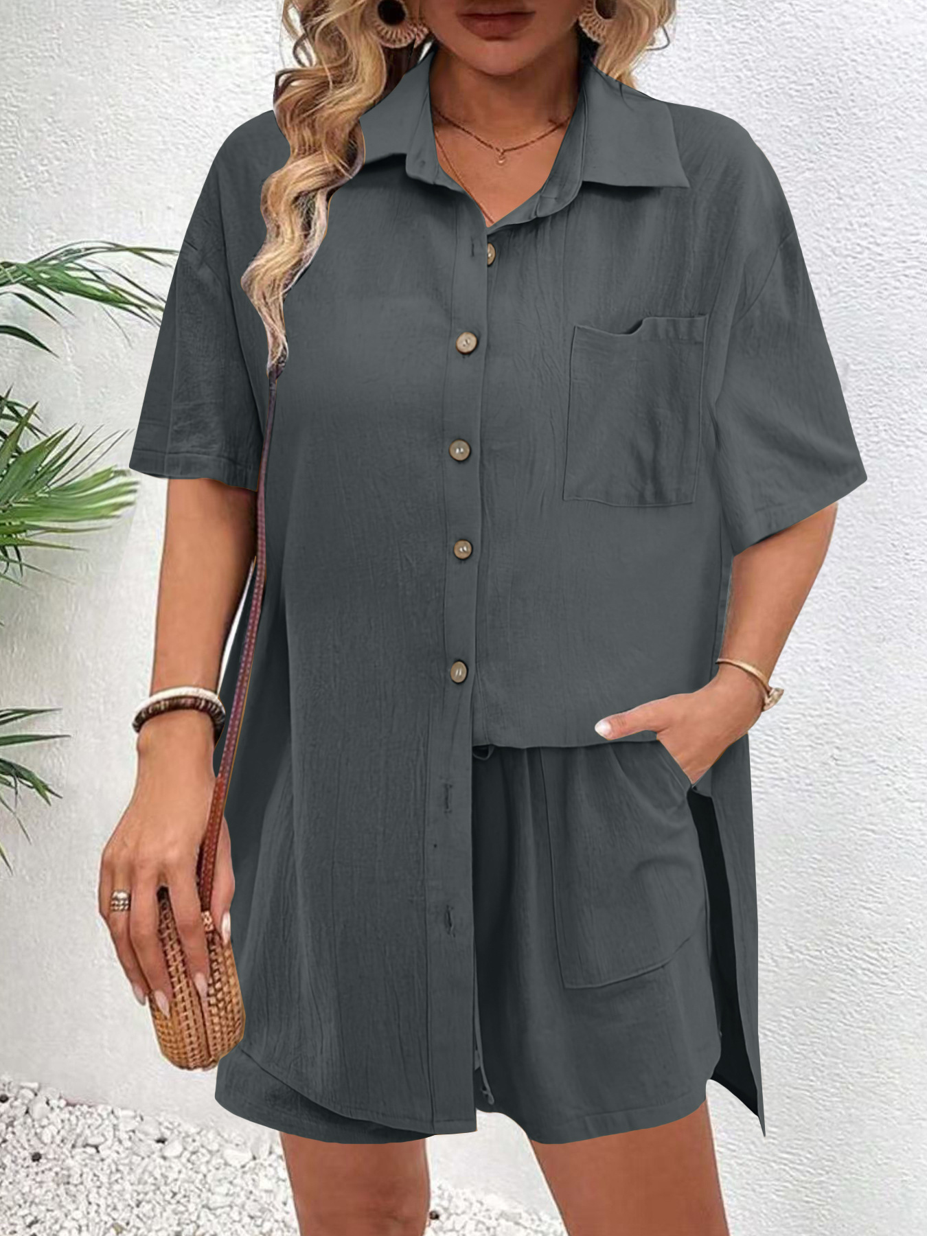 Women's 2 Piece Linen Matching Set, Short Sleeve Button Down Shirt & Drawstring High Waist Shorts Casual Summer Outfit