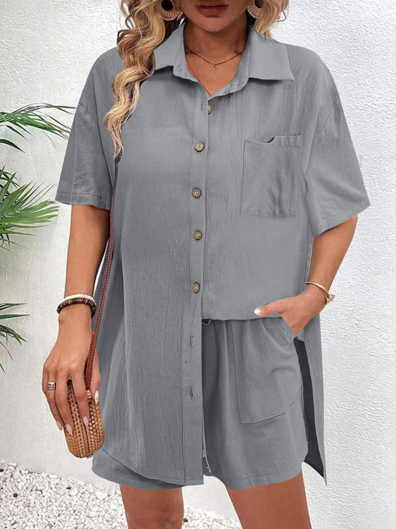 Women's 2 Piece Linen Matching Set, Short Sleeve Button Down Shirt & Drawstring High Waist Shorts Casual Summer Outfit