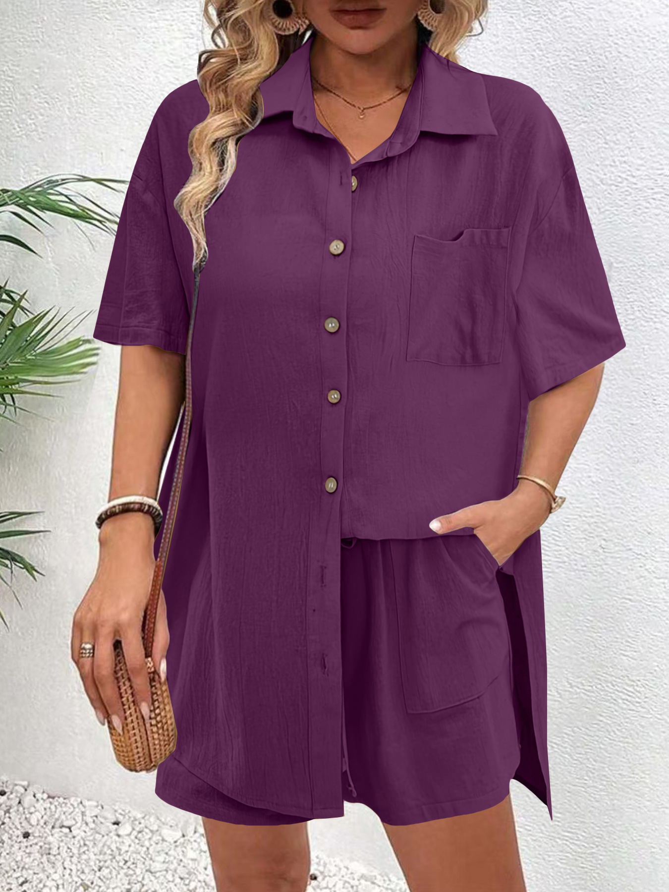 Women's 2 Piece Linen Matching Set, Short Sleeve Button Down Shirt & Drawstring High Waist Shorts Casual Summer Outfit