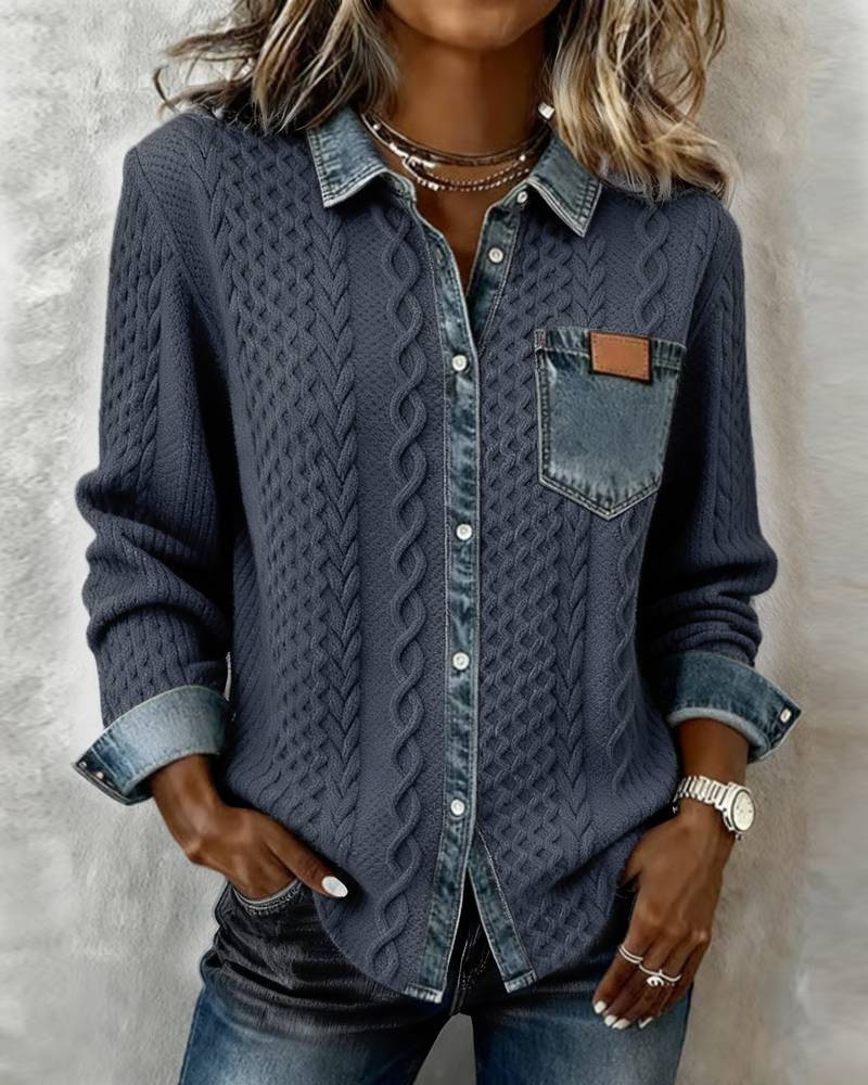 【Clearance Sale: 50% Off🎉🎉🎉】Women's Pure Wool Long-Sleeve Shirt with Cable and Plaid Print