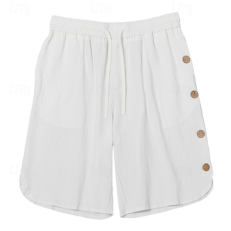 Men's Shorts Linen Shorts Summer Shorts Beach Shorts Buttons Drawstring Elastic Waist Plain Comfort Breathable Knee Length Outdoor Daily Beach Vacation Fashion Black White Micro-elastic 2026 - BHD 6.4 &ndash;P10