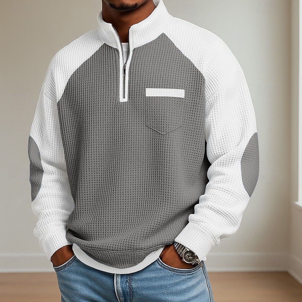 Men's Waffle Polo Shirts Polo Casual Formal Banded Collar Long Sleeve Fashion Solid Color Textured Color Block Buttons Fall Spring &  Fall Fall & Winter Regular Fit Light Green Navy Blue Light Grey 2026 - BHD 7.6 &ndash;P5