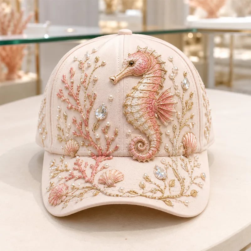 🌊 3D Marine Life Embroidered Hat 49% Off | Adjustable hat with pearl and crystal embellishments, perfect for the beach, travel, and everyday wear.
