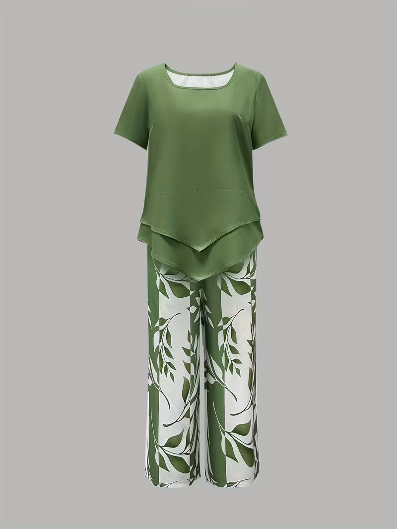 Casual Leaf Print Two-Piece Set