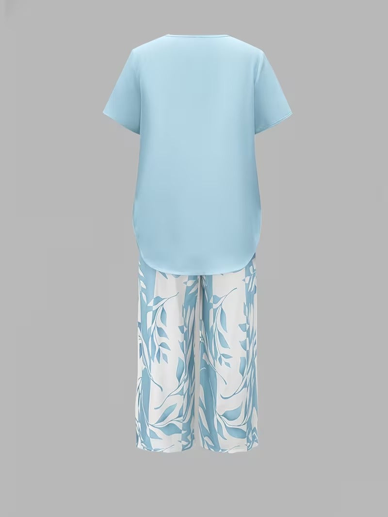 Casual Leaf Print Two-Piece Set