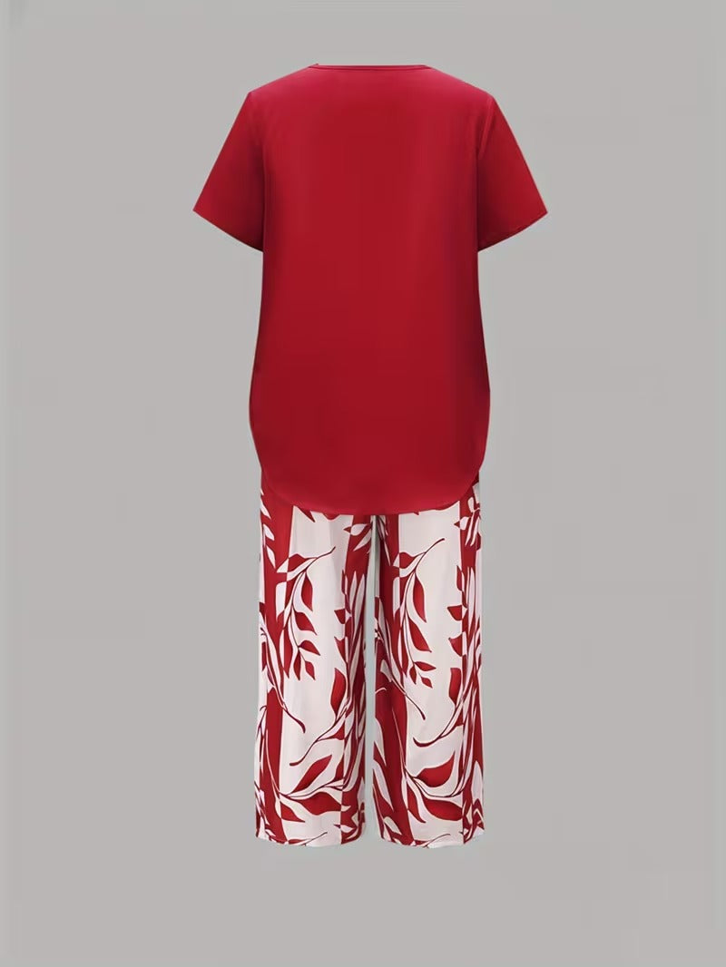 Casual Leaf Print Two-Piece Set