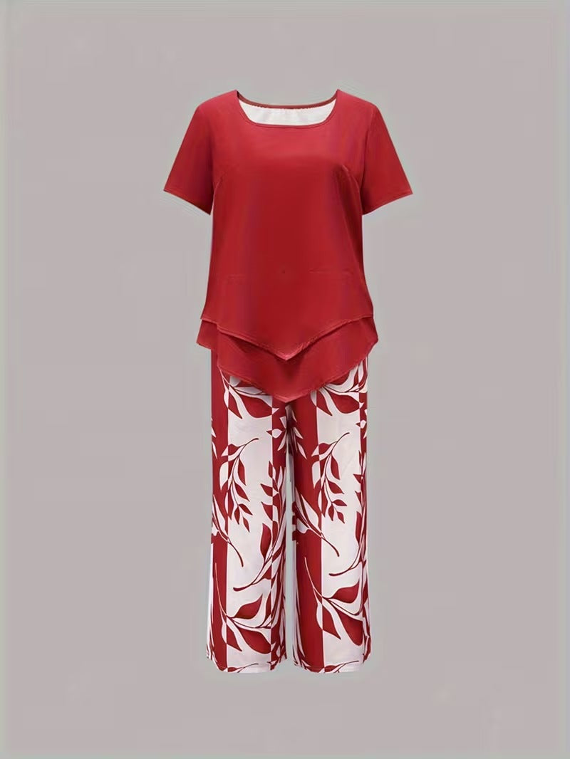 Casual Leaf Print Two-Piece Set