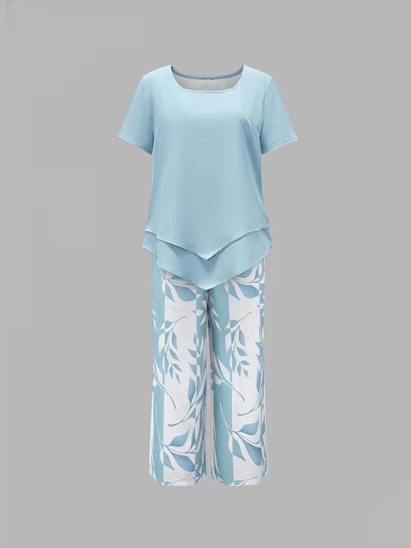 Casual Leaf Print Two-Piece Set