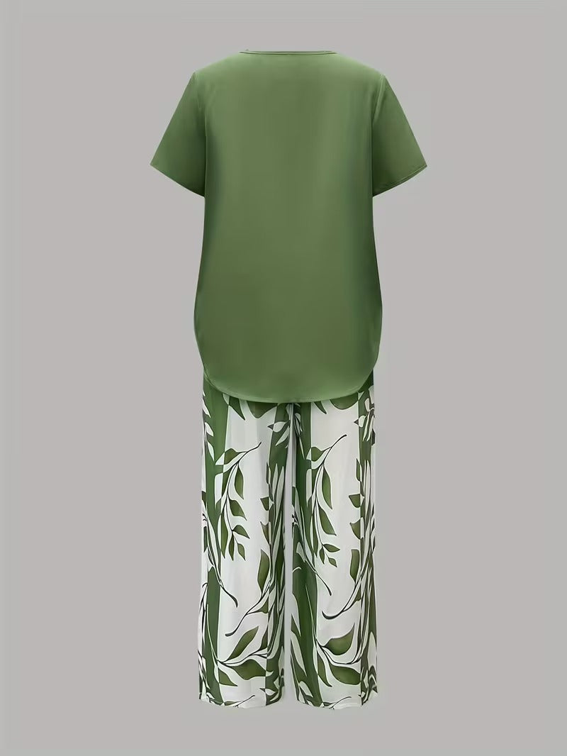 Casual Leaf Print Two-Piece Set
