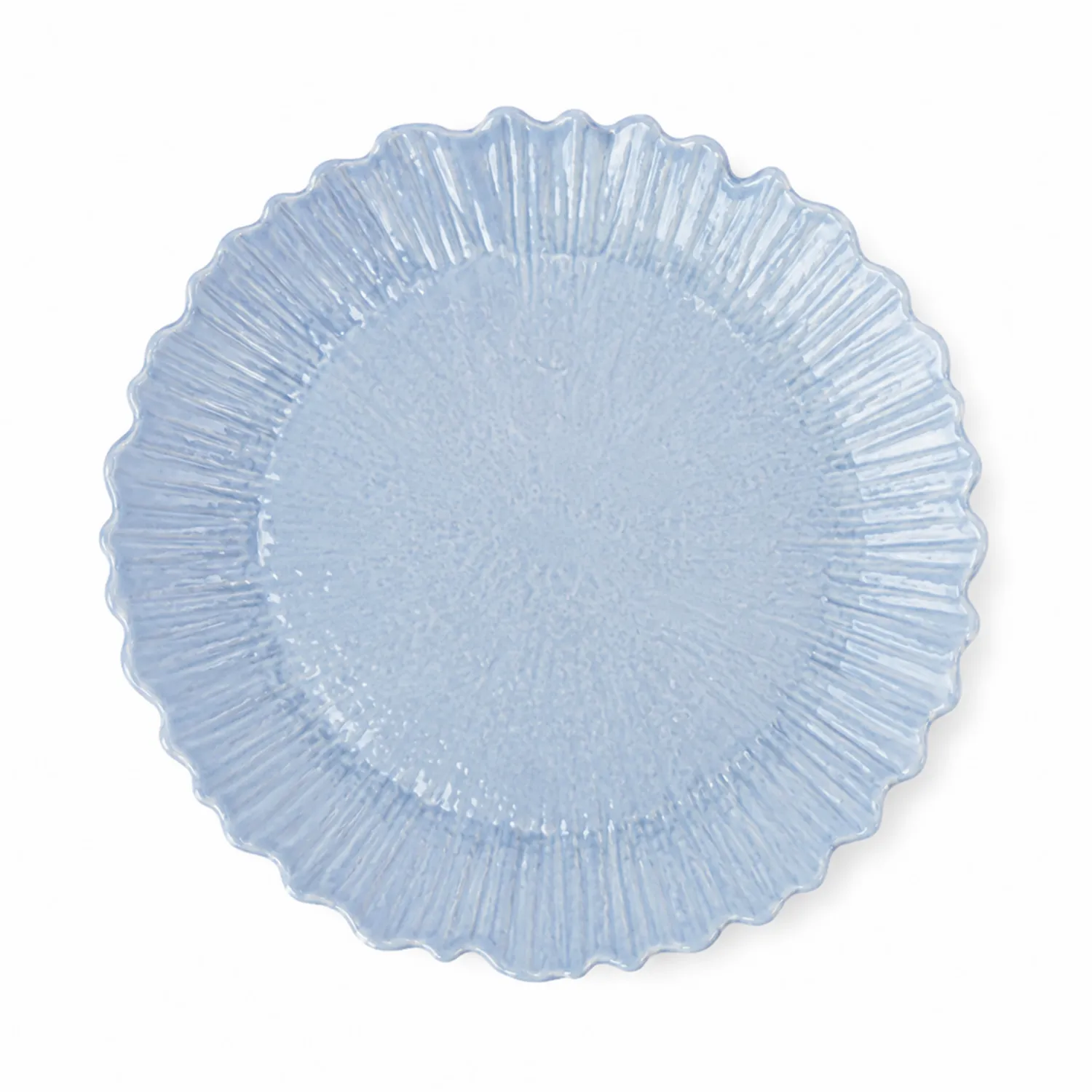 Plato redondo de vidrio azul claro con borde ondulado