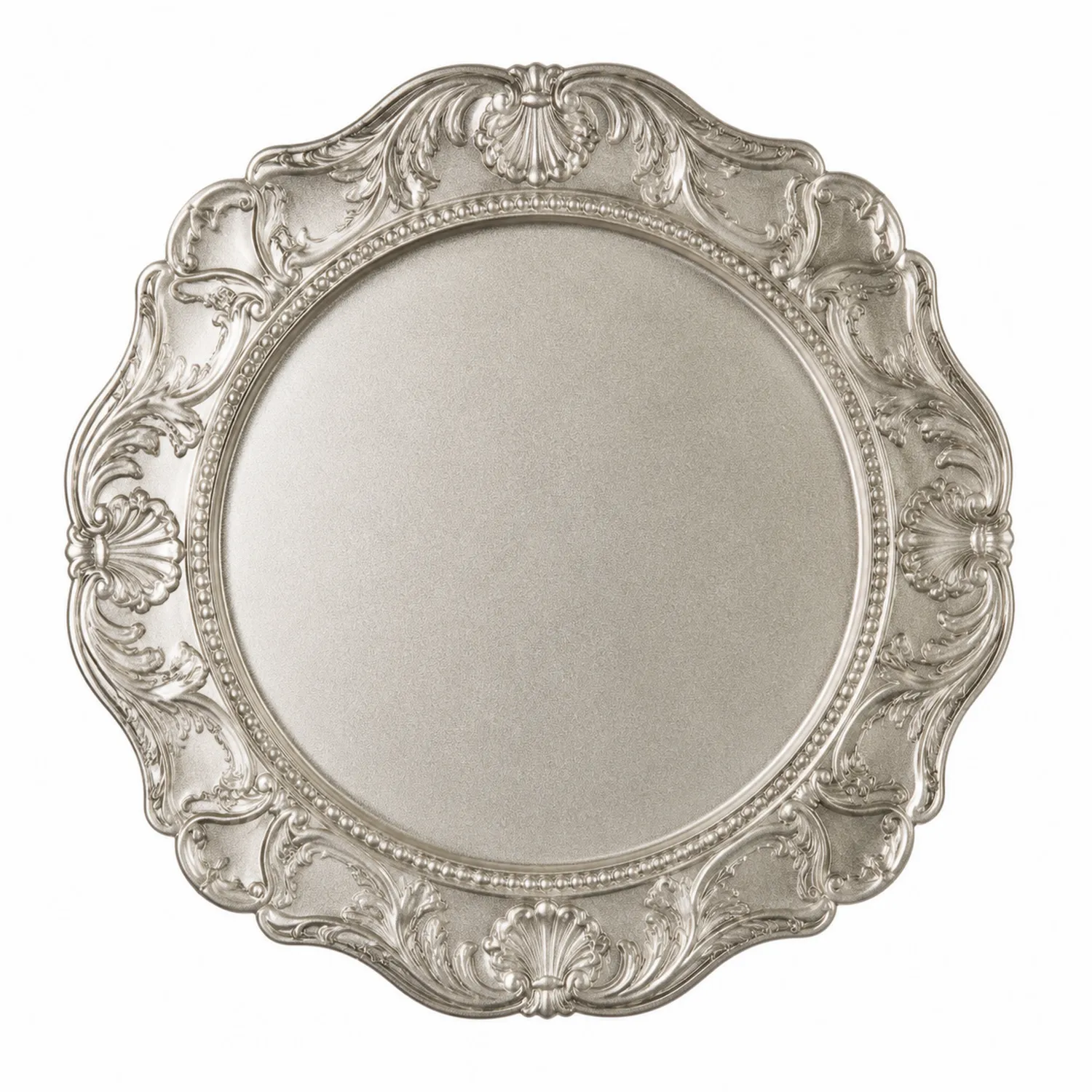 Plato Decorativo Redondo Plateado con Bordes Ornamentados