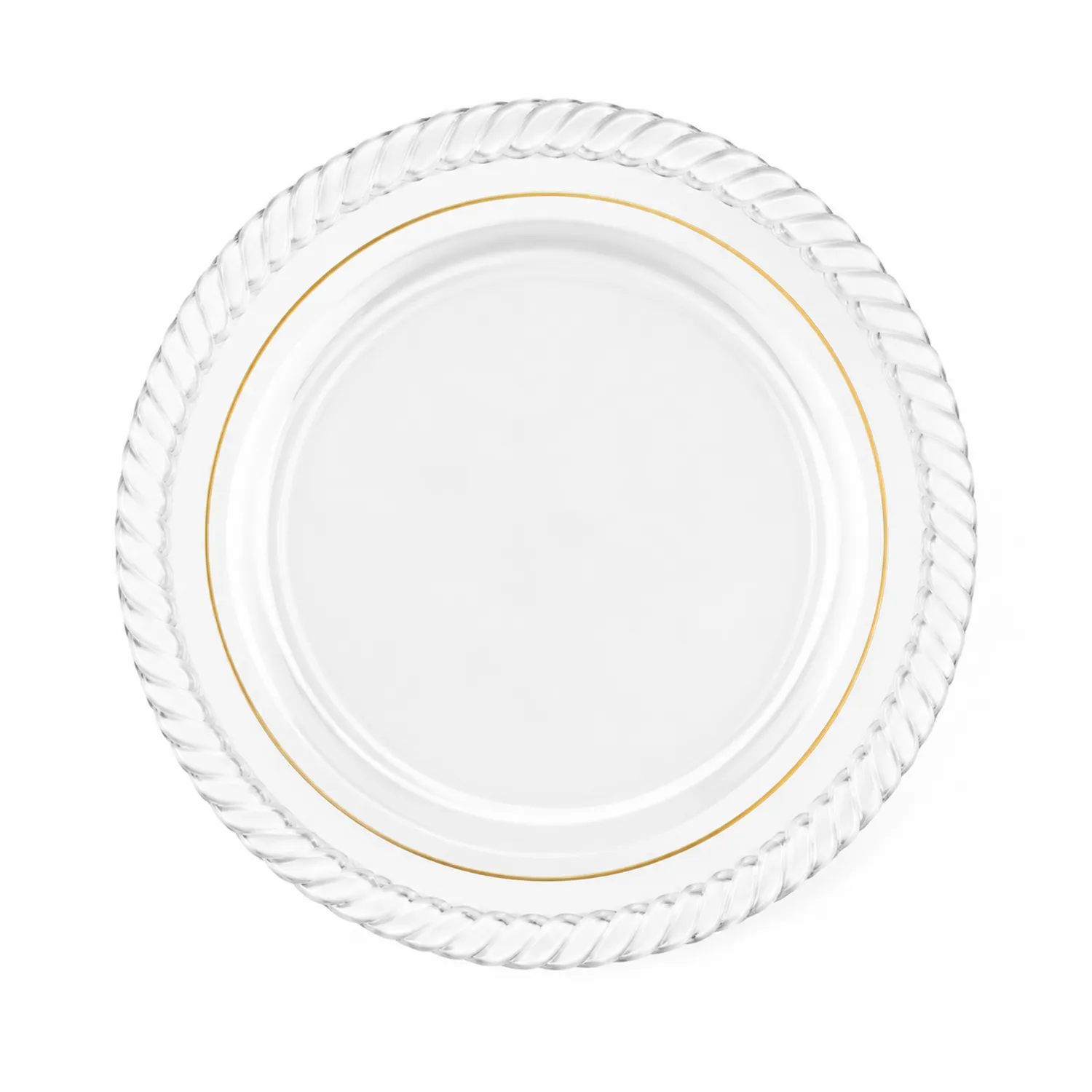 Plato redondo de cristal transparente con borde dorado