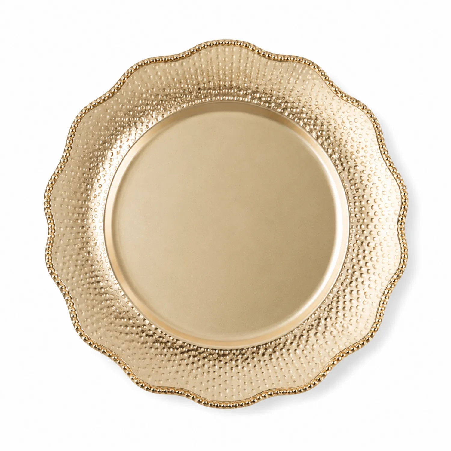 Plato Decorativo Redondo de Oro con Bordes Ondulados de 33 cm