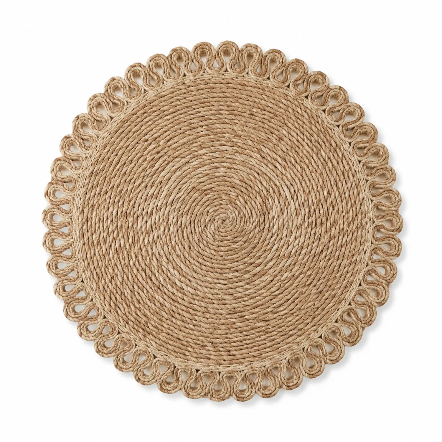 Mantel Individual Redondo de Yute Beige con Diseño Decorativo