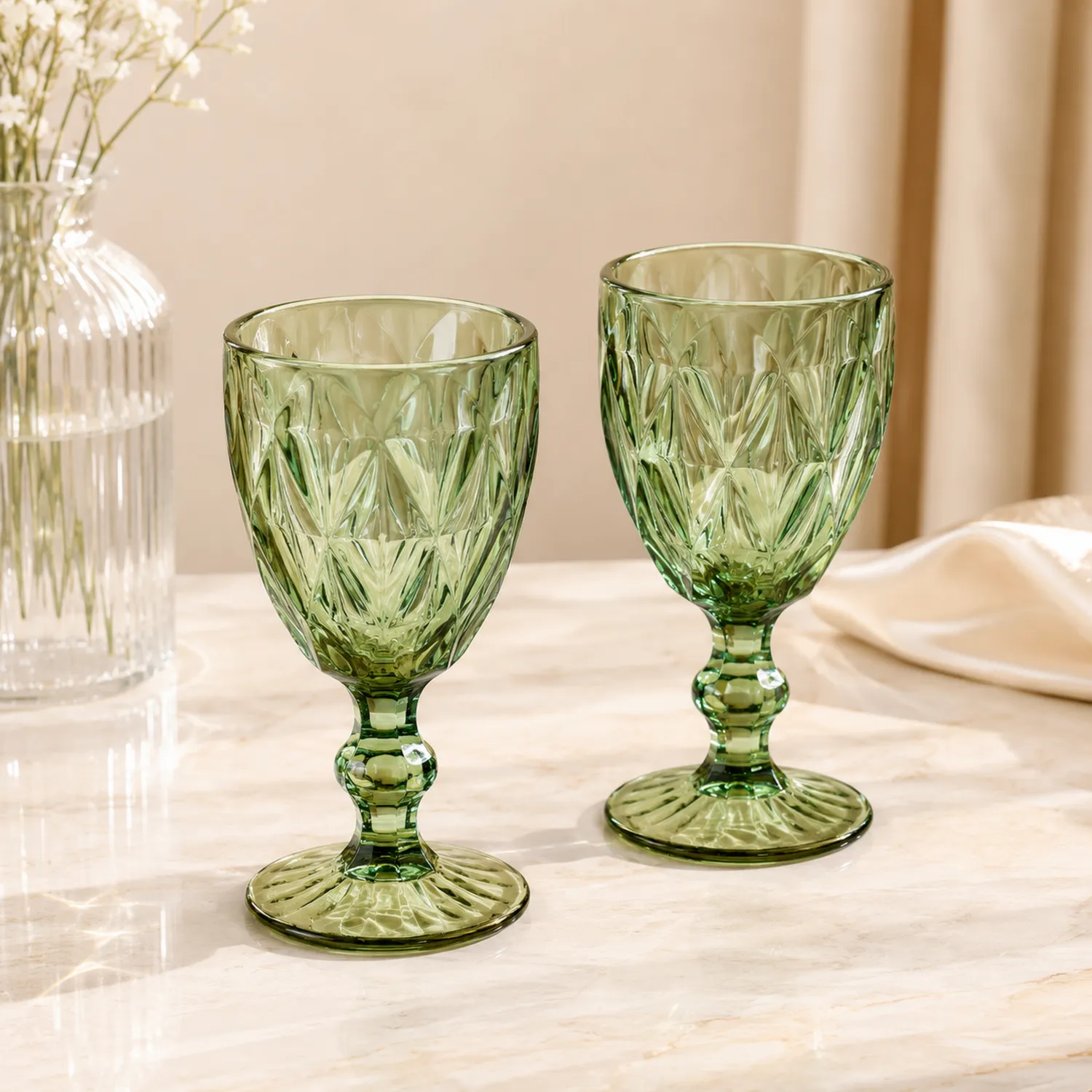 Copas de Cristal Verde con Diseño Tallado, 300ml