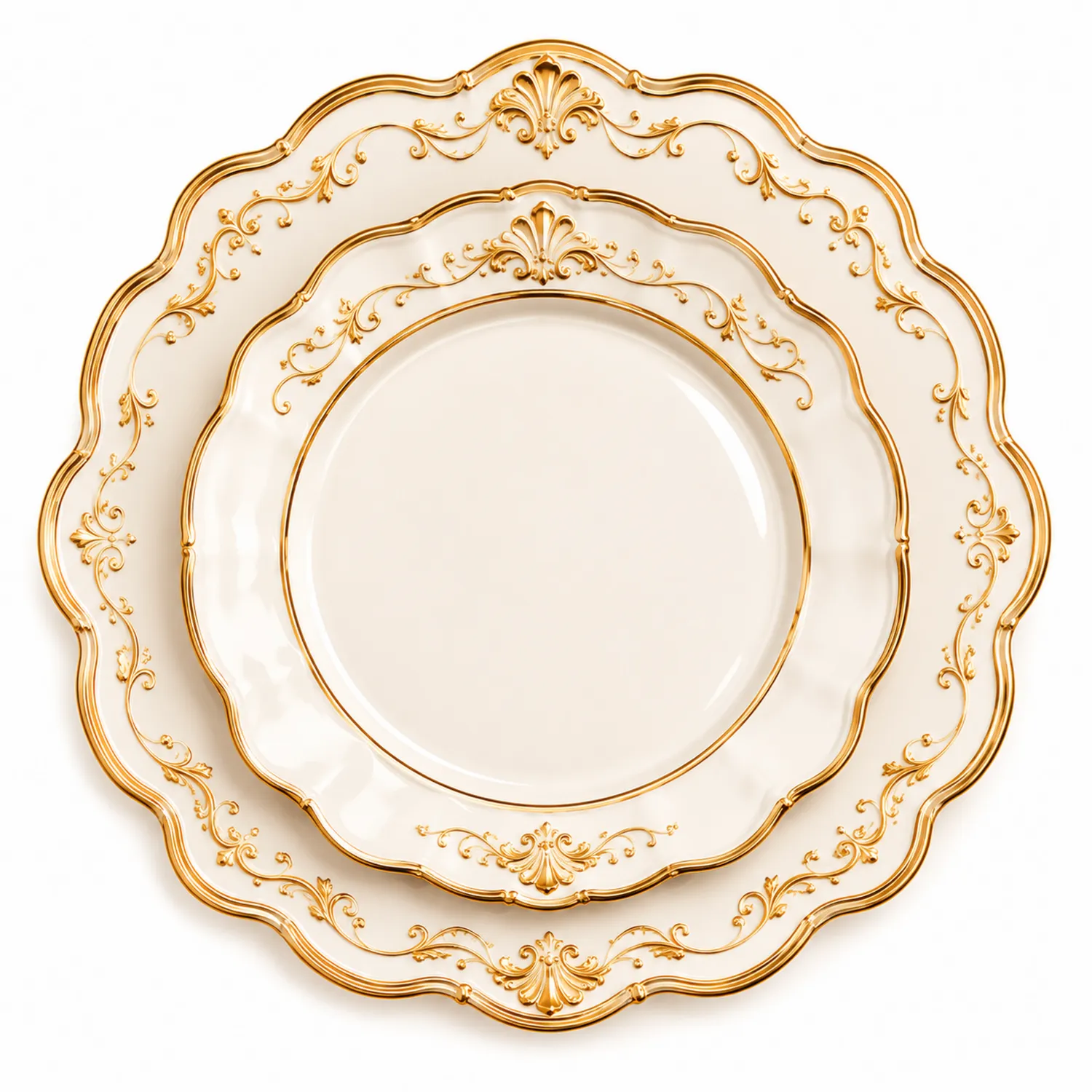 Juego de Platos Decorativos con Detalles Dorados y Borde Ondulado