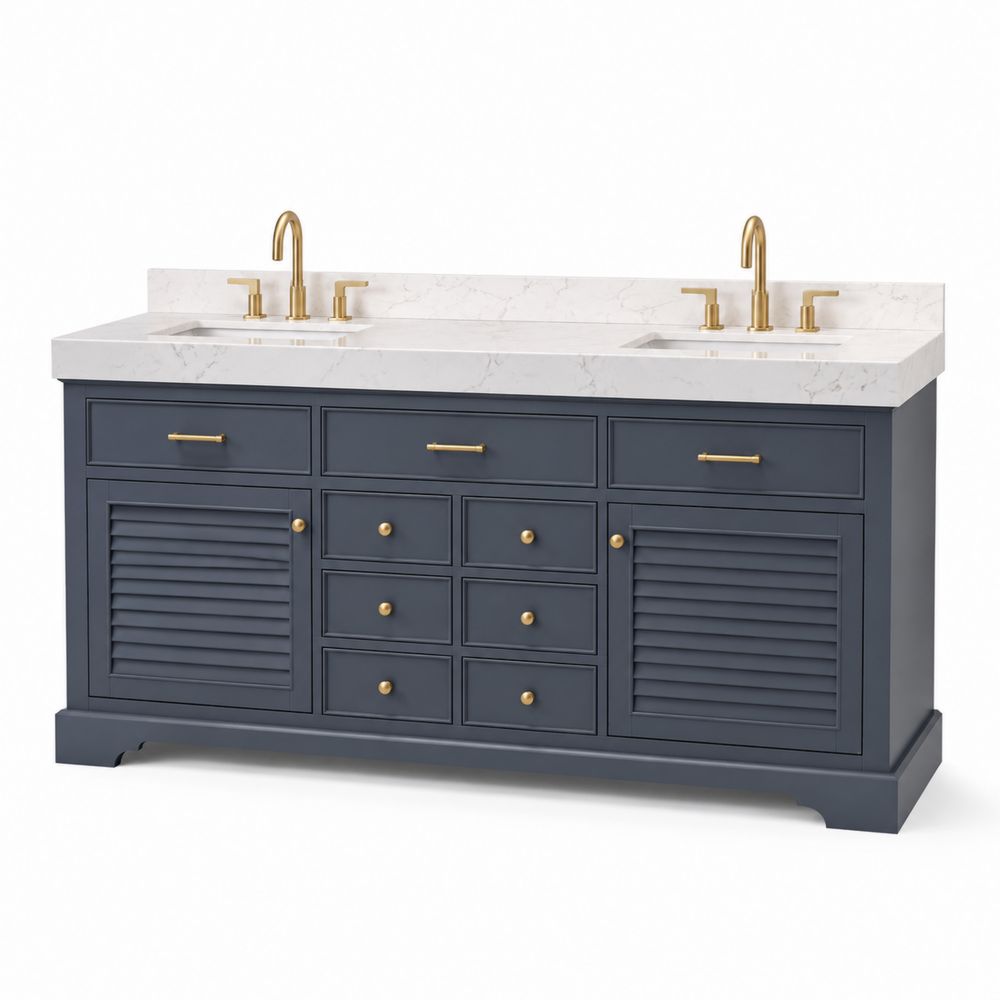 Mueble de baño doble con encimera de mármol y madera azul oscuro