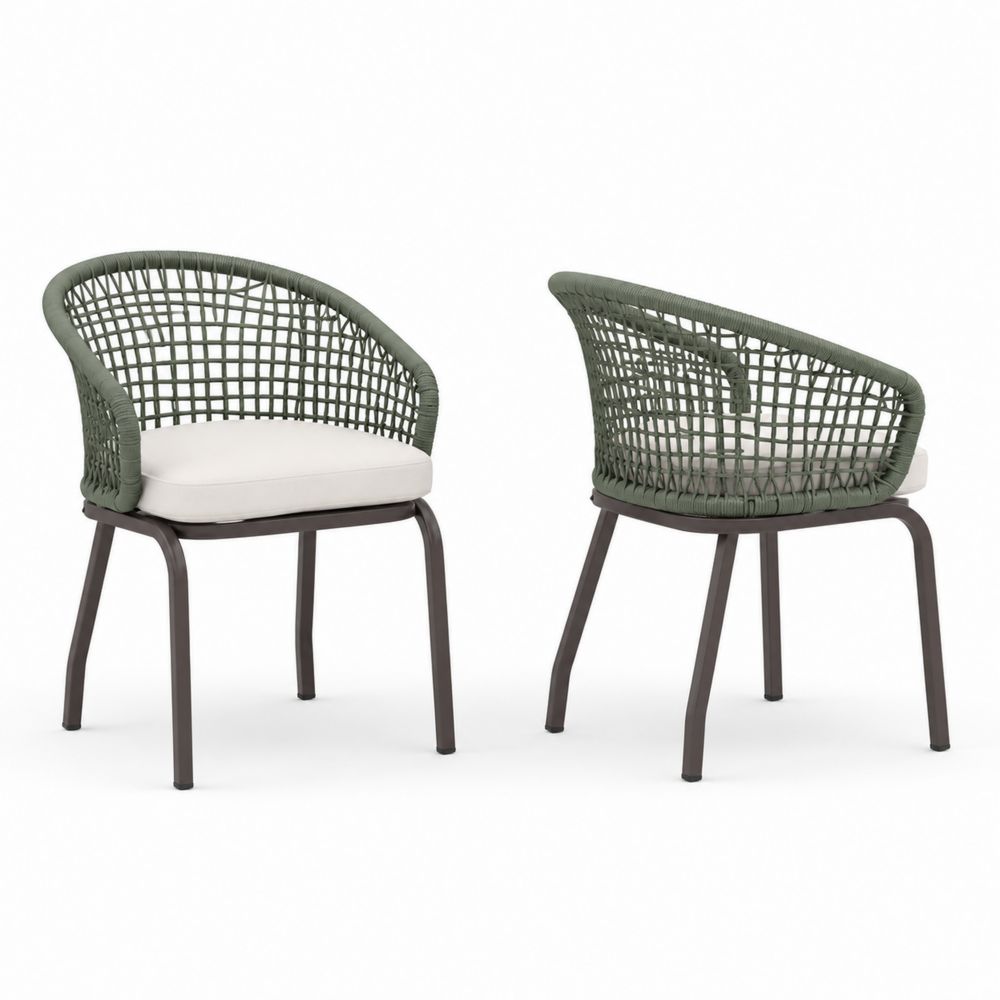 Conjunto de 2 sillas de exterior con resina verde y cojines blancos
