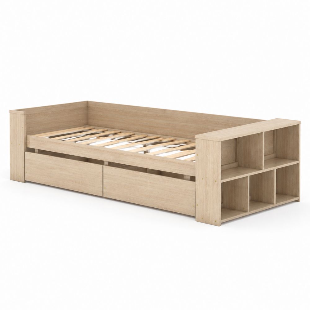 Cama de madera con almacenamiento y estanterías integradas color Roble