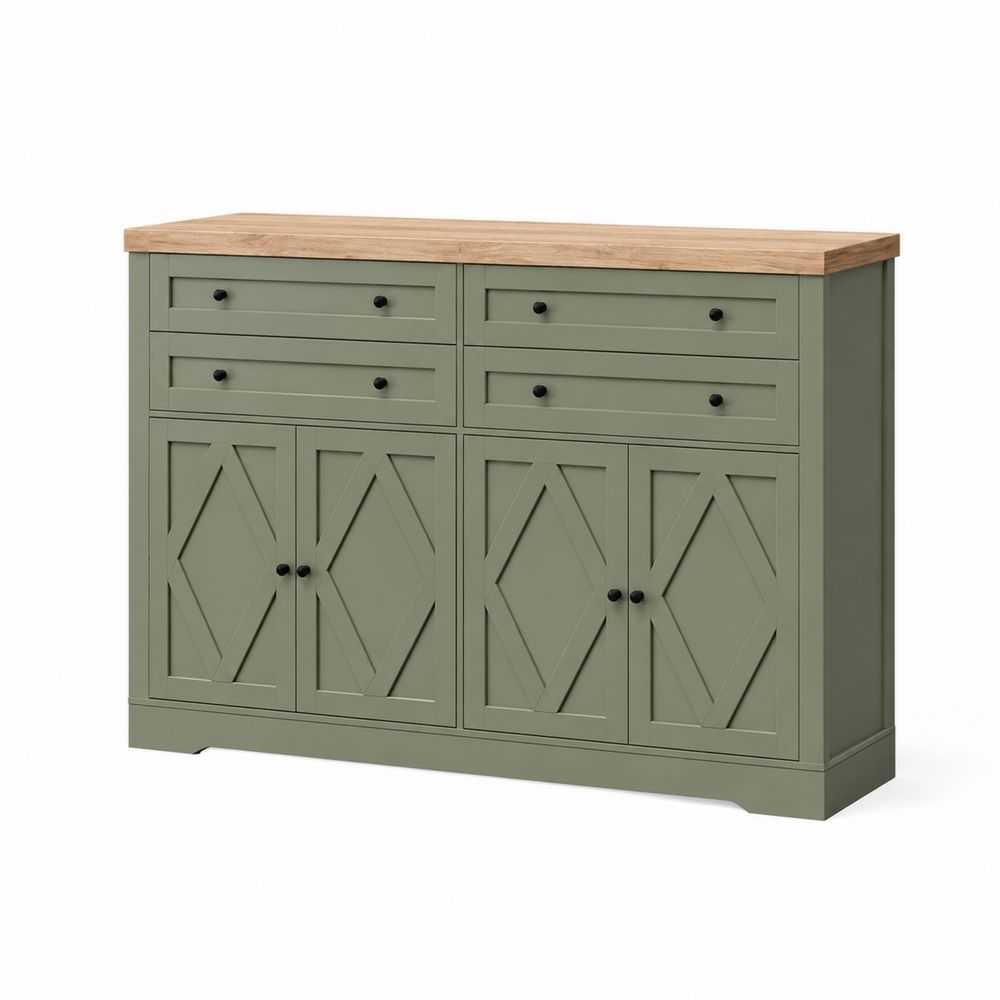Aparador de madera maciza verde con superficie de roble, 150 cm