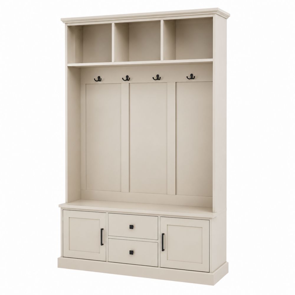 Perchero de Madera con Estantes y Cajones Beige