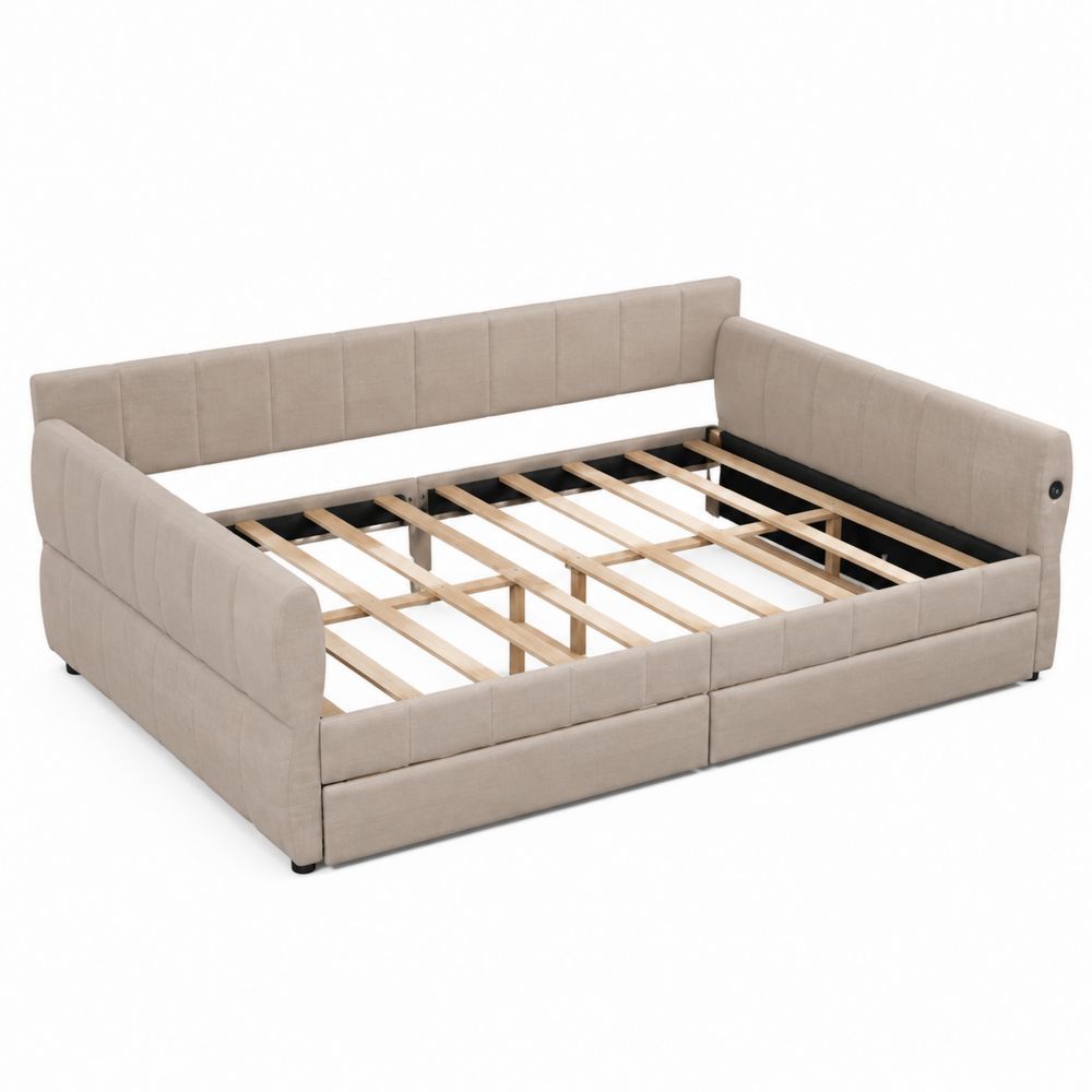 Cama de día doble de madera tapizada en lino Beige 200x140 cm