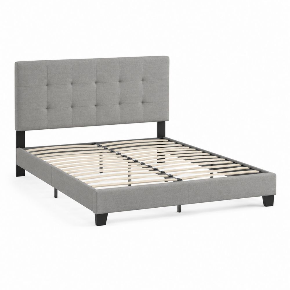 Cama de Tela Gris con Estructura de Madera y Metal
