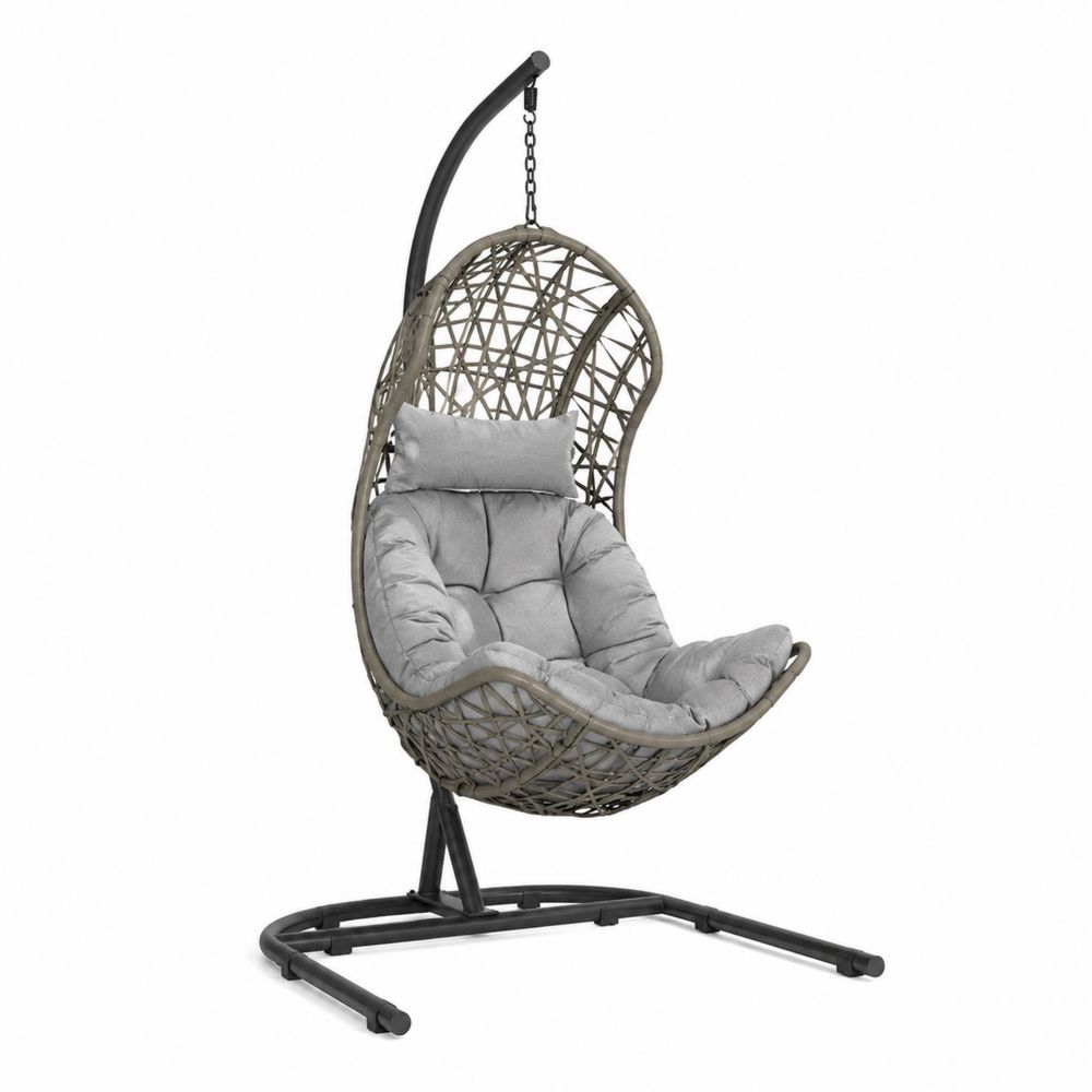 Silla colgante de ratán sintético y acero con cojín gris