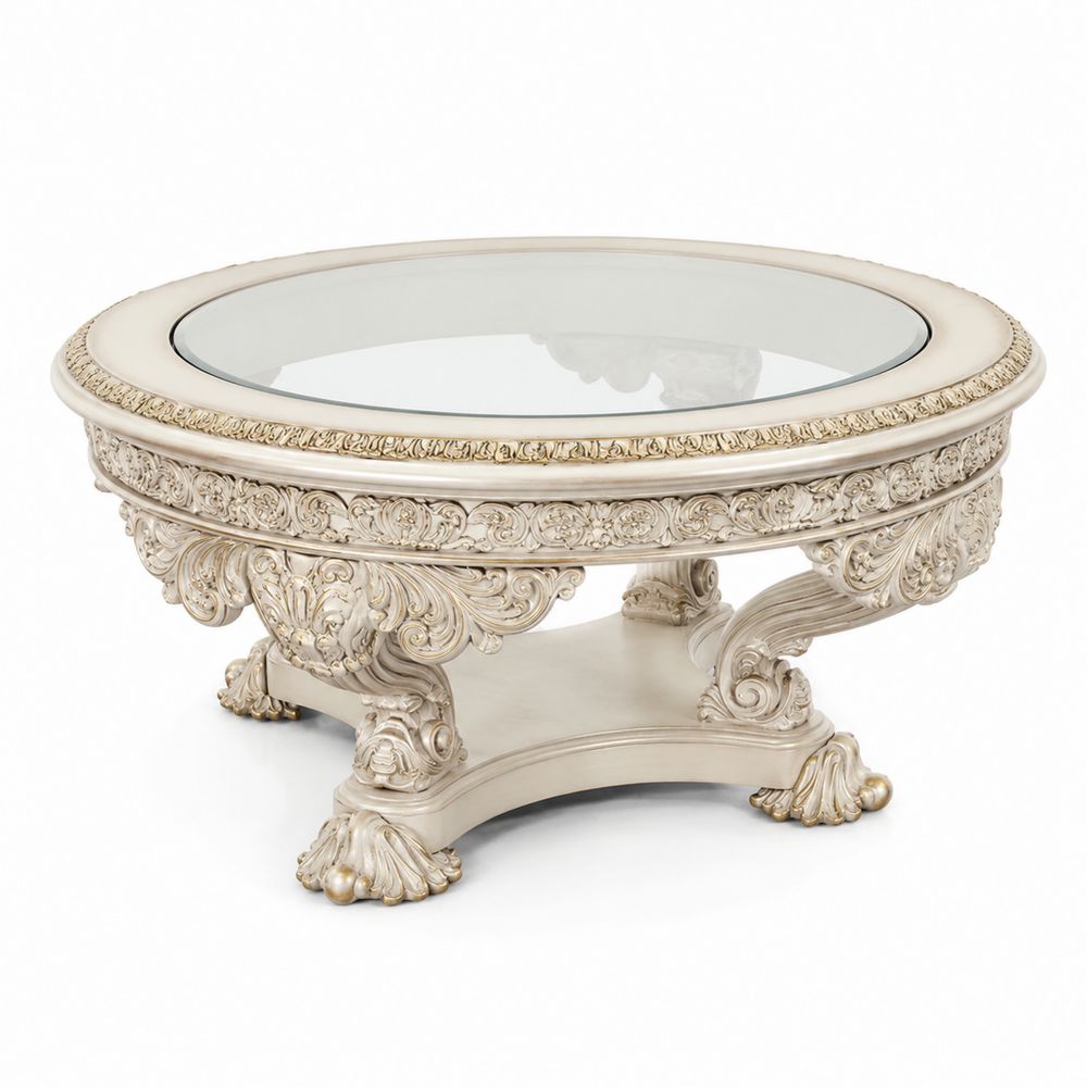Mesa de centro redonda de vidrio templado y madera tallada beige