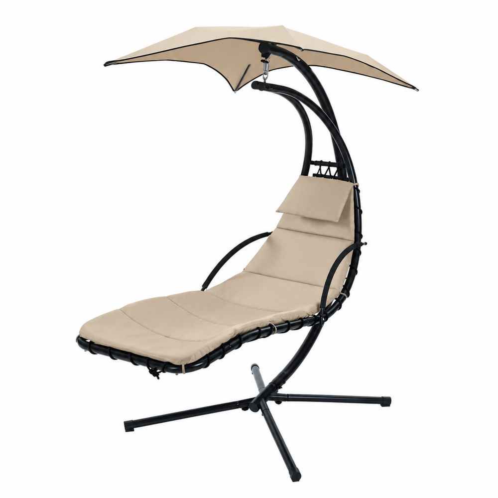 Silla colgante de metal con sombrilla y cojín beige