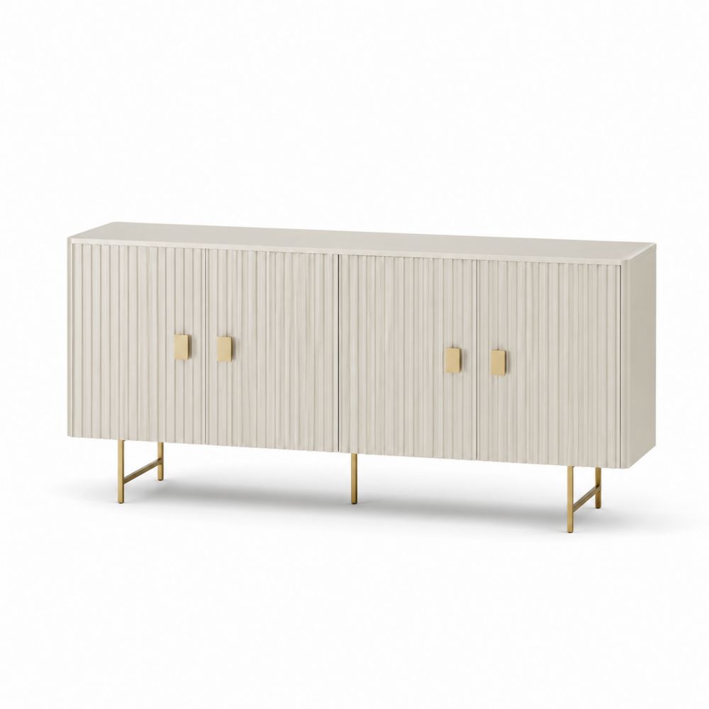 Aparador de MDF con Patas Metálicas y Puertas Estriadas 180x45x75 cm Beige/Dorado