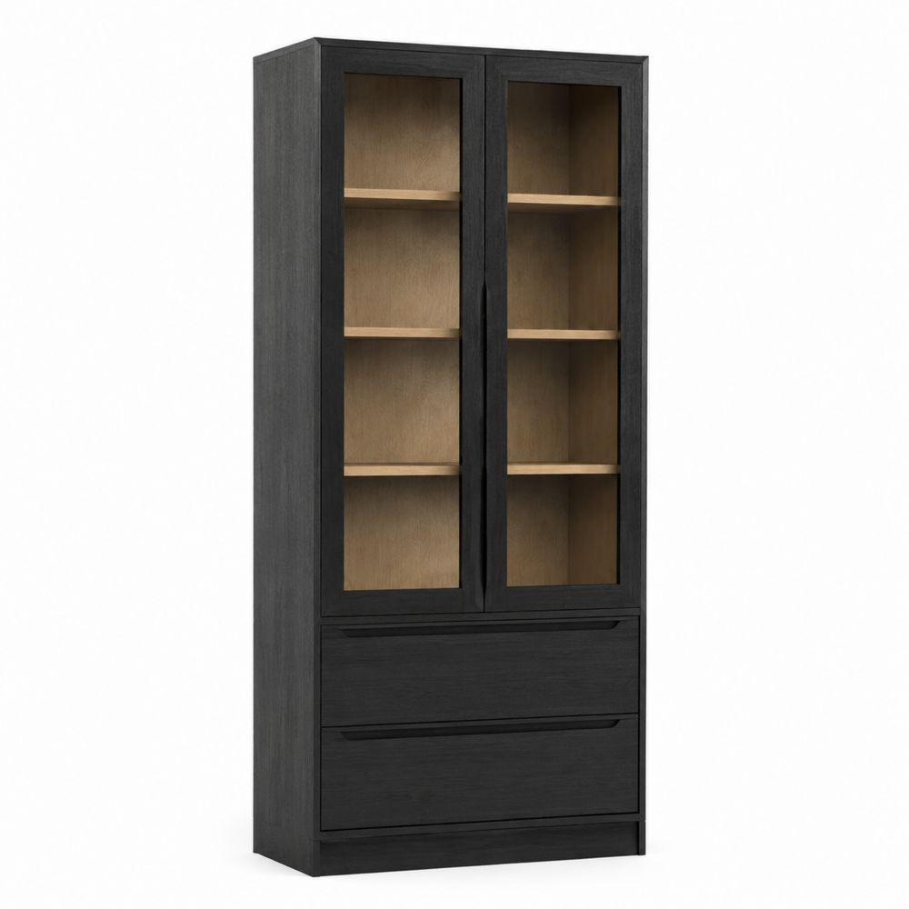 Estantería de madera con puertas de vidrio y cajones 180x80x40 cm Negro/Roble