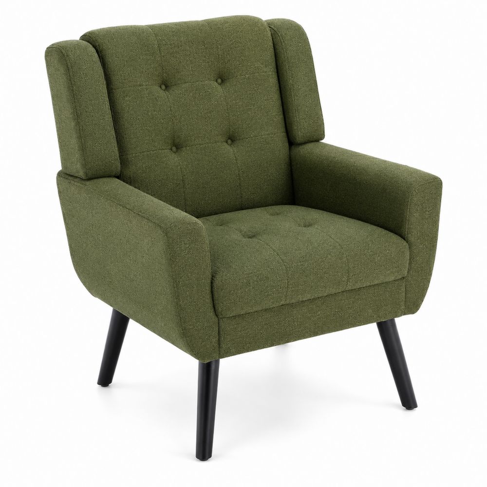 Sillón de tela verde con patas de madera